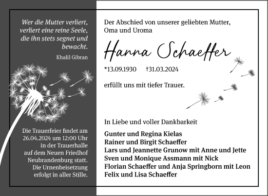 Traueranzeige von Hanna Schaeffer von Nordkurier Neubrandenburger Zeitung