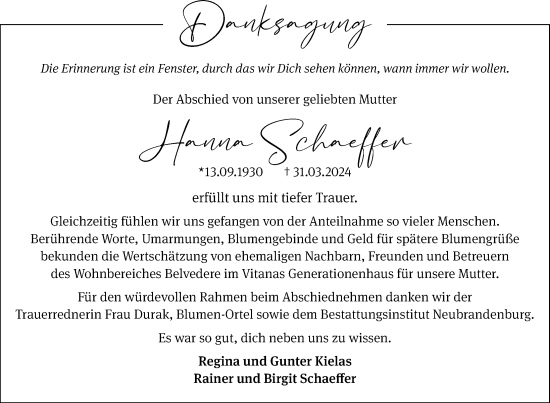 Traueranzeige von Hanna Schaeffer von Nordkurier Neubrandenburger Zeitung