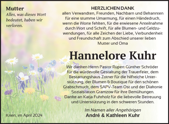 Traueranzeige von Hannelore Kuhr von Nordkurier Vorpommern Kurier