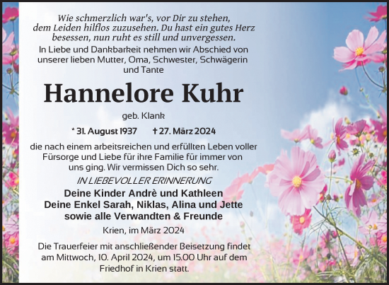 Traueranzeige von Hannelore Kuhr von Nordkurier Vorpommern Kurier