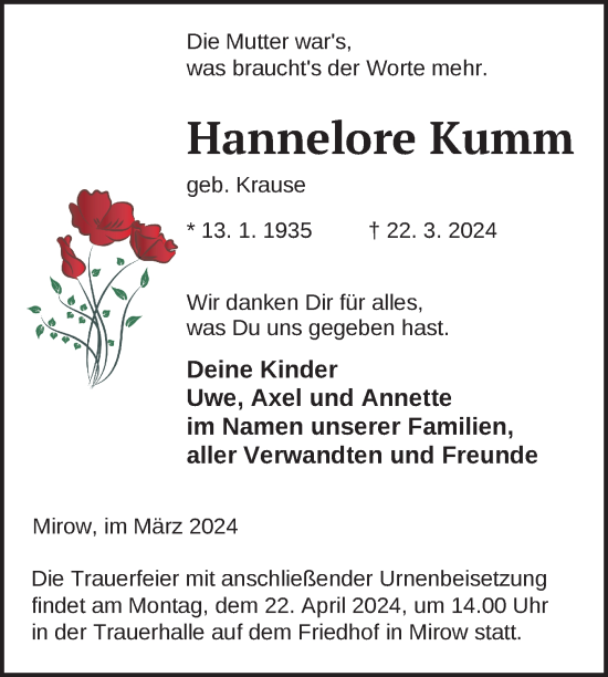 Traueranzeige von Hannelore Kumm von Nordkurier Strelitzer Zeitung