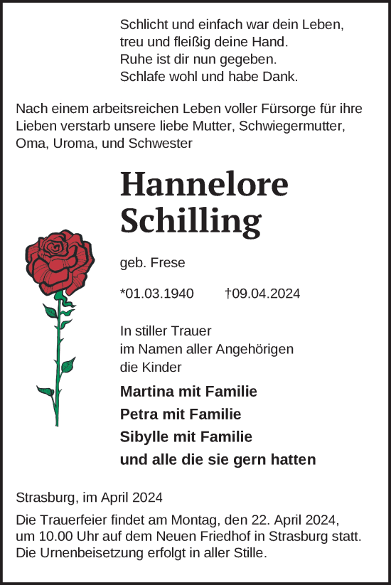 Traueranzeige von Hannelore Schilling von Nordkurier Pasewalker Zeitung