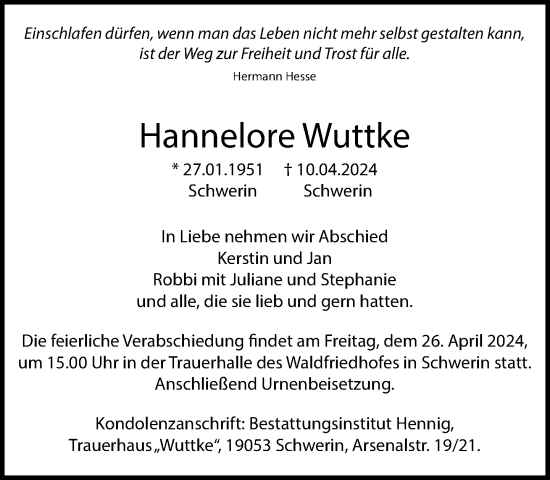 Traueranzeige von Hannelore Wuttke 