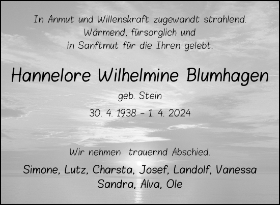 Traueranzeige von Hannelore Wilhelmine Blumhagen von Nordkurier Müritz-Zeitung