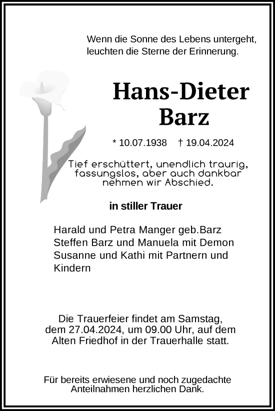 Traueranzeige von Hans-Dieter Barz 