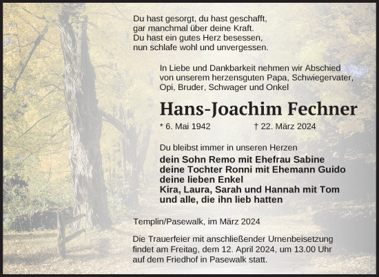 Traueranzeige von Hans-Joachim Fechner von Nordkurier Pasewalker Zeitung