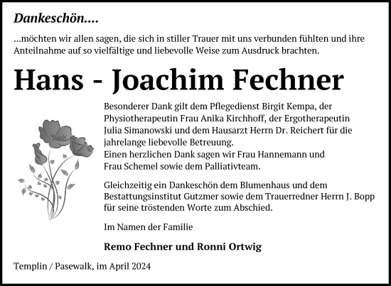 Traueranzeige von Hans-Joachim Fechner von Uckermark Kurier Templiner Zeitung