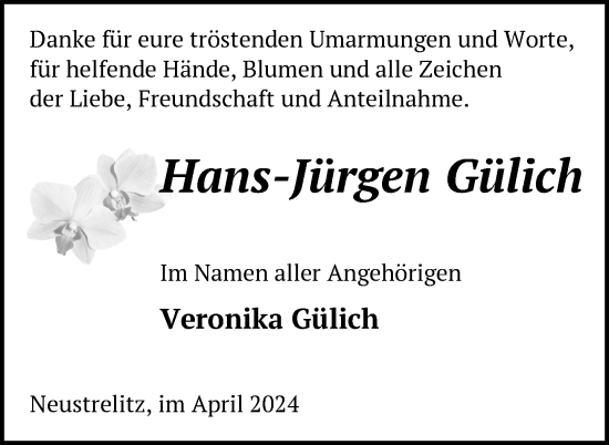 Traueranzeige von Hans-Jürgen Gülich von Nordkurier Strelitzer Zeitung