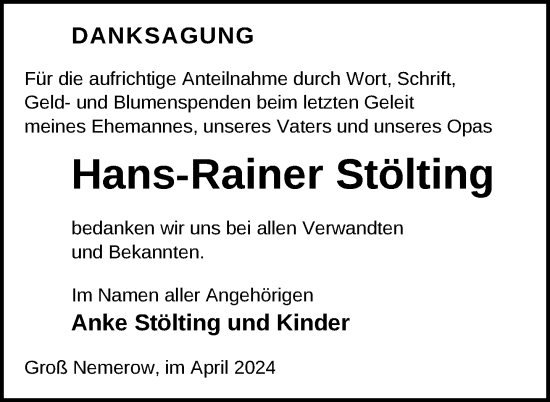 Traueranzeige von Hans-Rainer Stölting von Nordkurier Neubrandenburger Zeitung