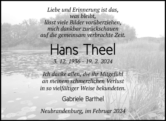 Traueranzeige von Hans Theel von Nordkurier Neubrandenburger Zeitung