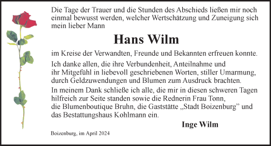 Traueranzeige von Hans Wilm 