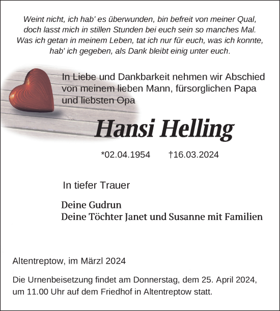 Traueranzeige von Hansi Helling von Nordkurier Neubrandenburger Zeitung