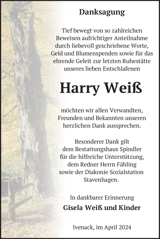 Traueranzeige von Harry Weiß von Nordkurier Mecklenburger Schweiz