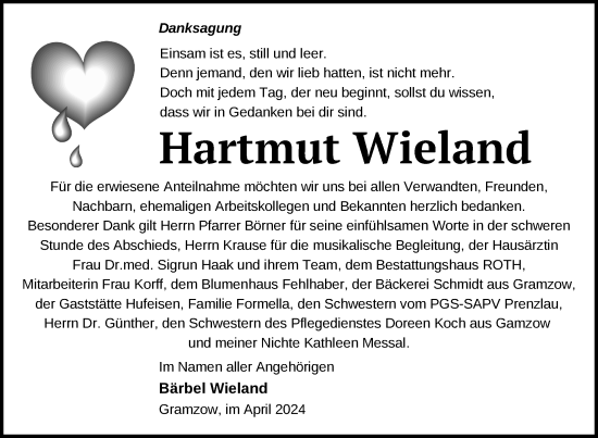 Traueranzeige von Hartmut Wieland von Uckermark Kurier Prenzlauer Zeitung