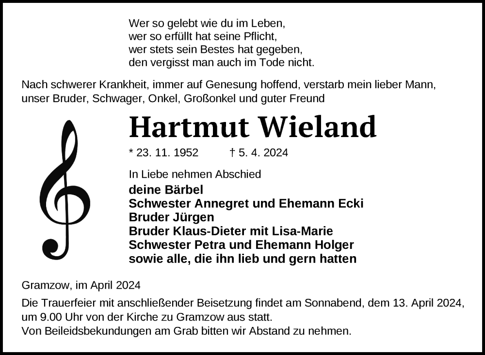  Traueranzeige für Hartmut Wieland vom 09.04.2024 aus Uckermark Kurier Prenzlauer Zeitung