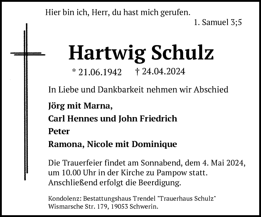  Traueranzeige für Hartwig Schulz vom 27.04.2024 aus 