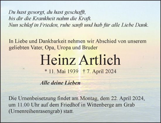 Traueranzeige von Heinz Artlich 