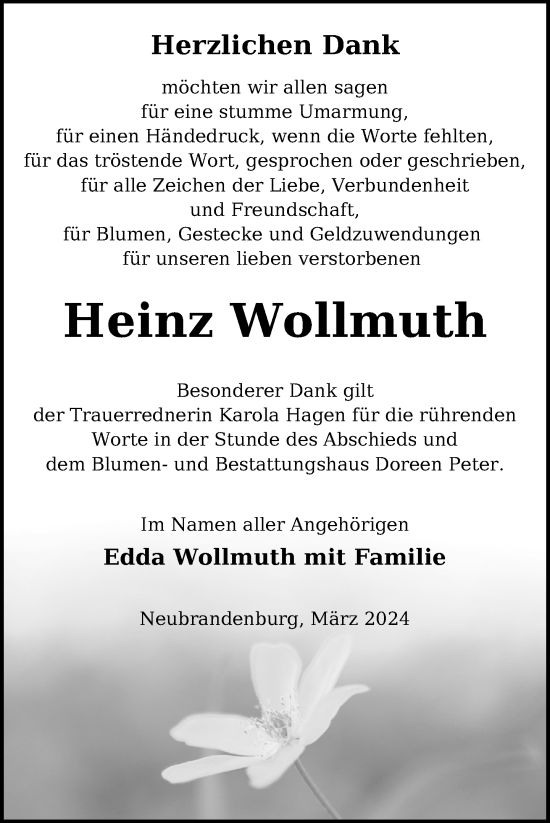Traueranzeige von Heinz Wollmuth von Nordkurier Neubrandenburger Zeitung
