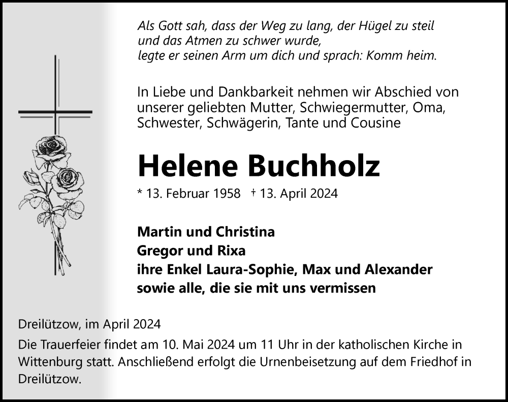  Traueranzeige für Helene Buchholz vom 27.04.2024 aus 