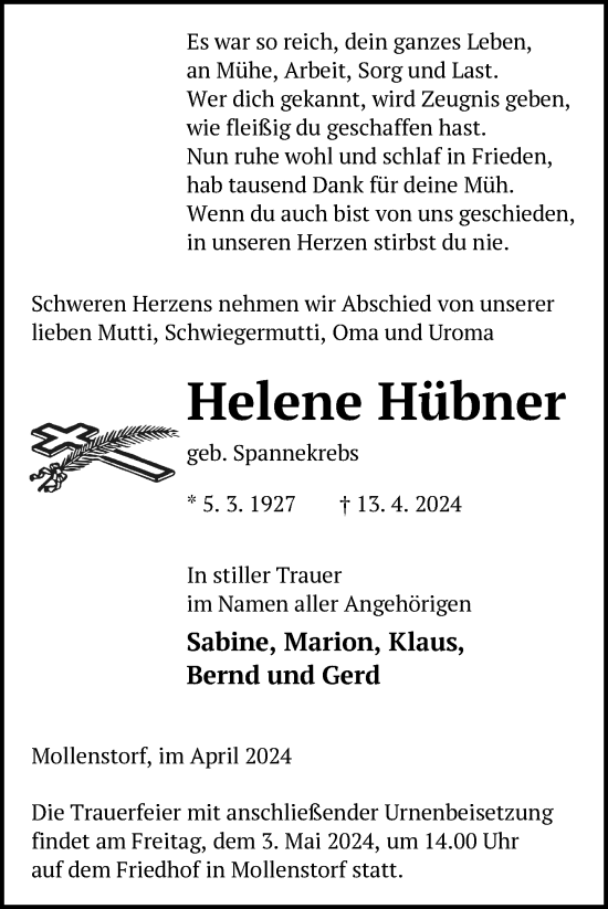 Traueranzeige von Helene Hübner von Nordkurier Müritz-Zeitung