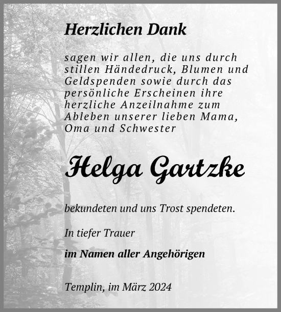 Traueranzeige von Helga Gartzke von Uckermark Kurier Templiner Zeitung