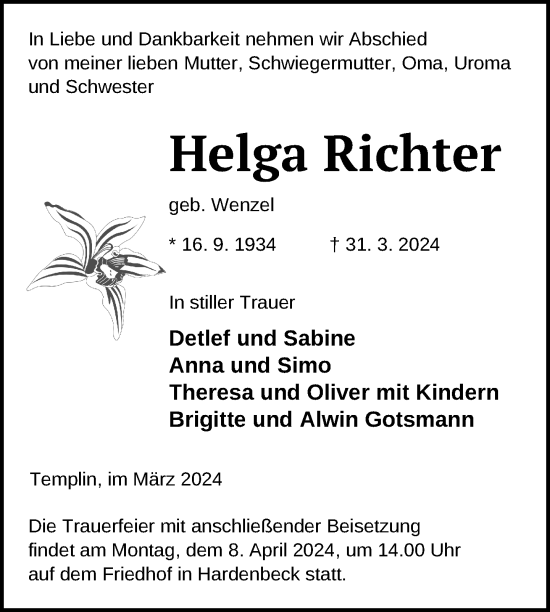 Traueranzeige von Helga Richter von Uckermark Kurier Templiner Zeitung