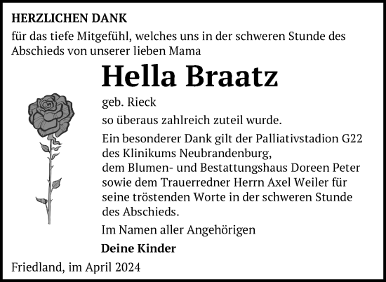 Traueranzeige von Hella Braatz von Nordkurier Neubrandenburger Zeitung