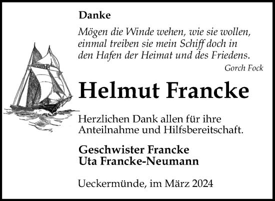 Traueranzeige von Helmut Francke von Nordkurier Haff-Zeitung