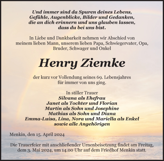 Traueranzeige von Henry Ziemke von Uckermark Kurier Prenzlauer Zeitung