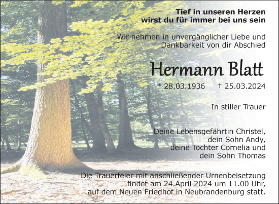 Traueranzeige von Hermann Blatt von Nordkurier Neubrandenburger Zeitung