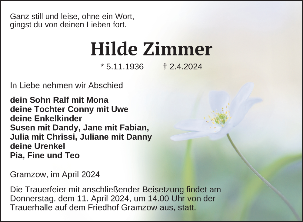  Traueranzeige für Hilde Zimmer vom 05.04.2024 aus Uckermark Kurier Prenzlauer Zeitung