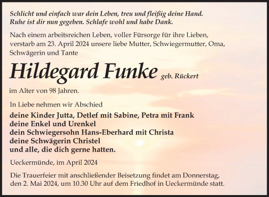 Traueranzeige von Hildegard Funke von Nordkurier Haff-Zeitung