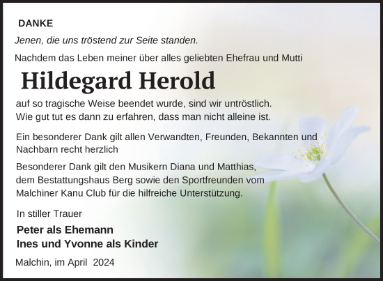 Traueranzeige von Hildegard Herold von Nordkurier Mecklenburger Schweiz