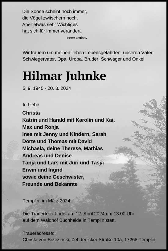 Traueranzeige von Hilmar Juhnke von Uckermark Kurier Templiner Zeitung