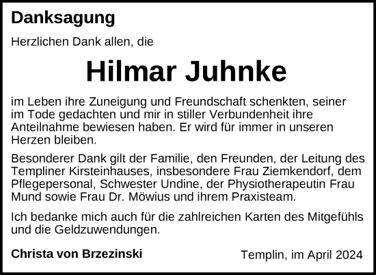 Traueranzeige von Hilmar Juhnke von Uckermark Kurier Templiner Zeitung