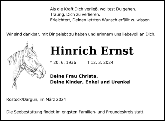 Traueranzeige von Hinrich Ernst von Nordkurier Mecklenburger Schweiz