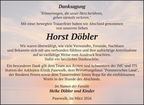 Traueranzeige von Horst Döbler von Nordkurier Pasewalker Zeitung