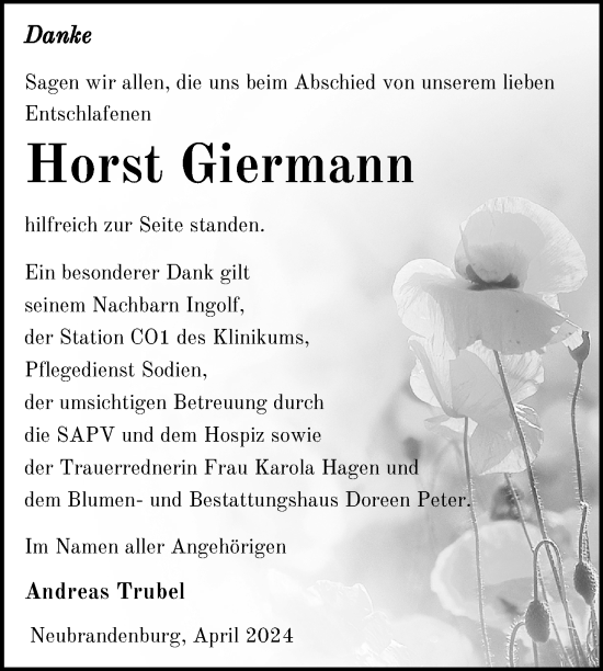 Traueranzeige von Horst Giermann von Nordkurier Neubrandenburger Zeitung