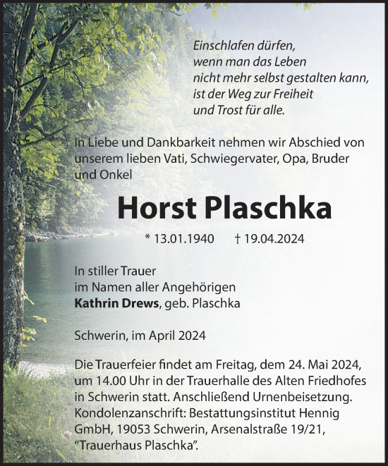 Traueranzeige von Horst Plaschka 