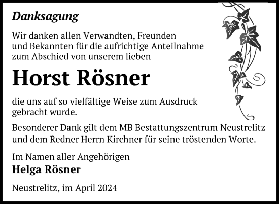 Traueranzeige von Horst Rösner von Nordkurier Strelitzer Zeitung