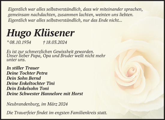 Traueranzeige von Hugo Klüsener von Nordkurier Neubrandenburger Zeitung
