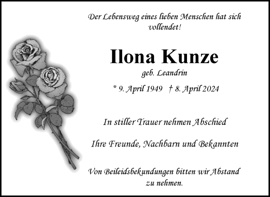 Traueranzeige von Ilona Kunze von Nordkurier Neubrandenburger Zeitung
