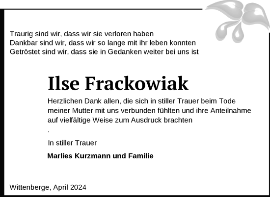 Traueranzeige von Ilse Frackowiak 