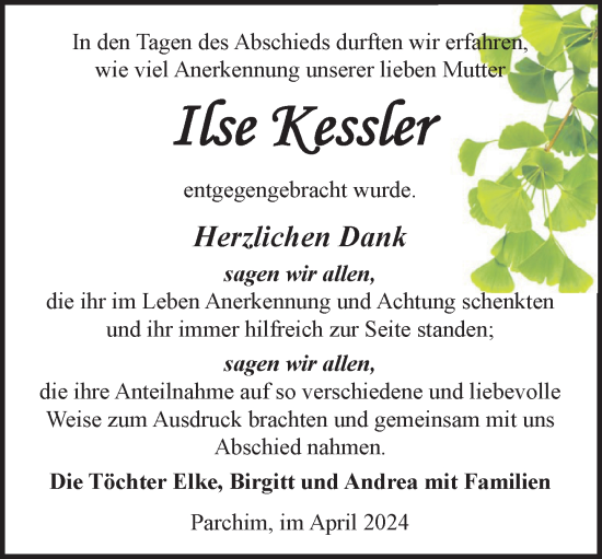 Traueranzeige von Ilse Kessler 