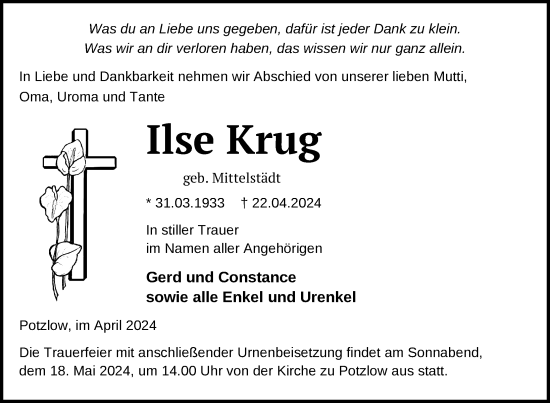 Traueranzeige von Ilse Krug von Uckermark Kurier Prenzlauer Zeitung