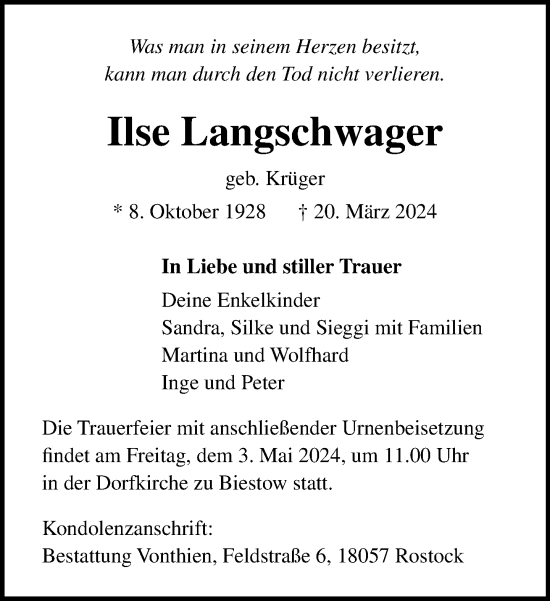 Traueranzeige von Ilse Langschwager 