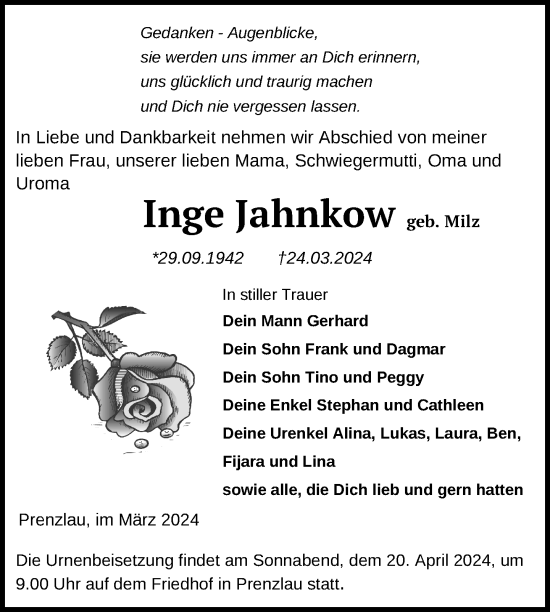 Traueranzeige von Inge Jahnkow von Uckermark Kurier Prenzlauer Zeitung