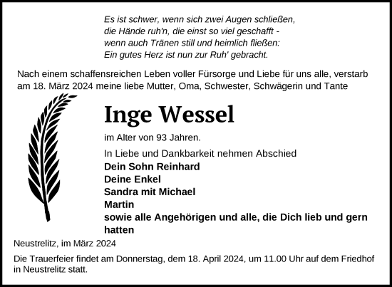 Traueranzeige von Inge Wessel von Nordkurier Strelitzer Zeitung