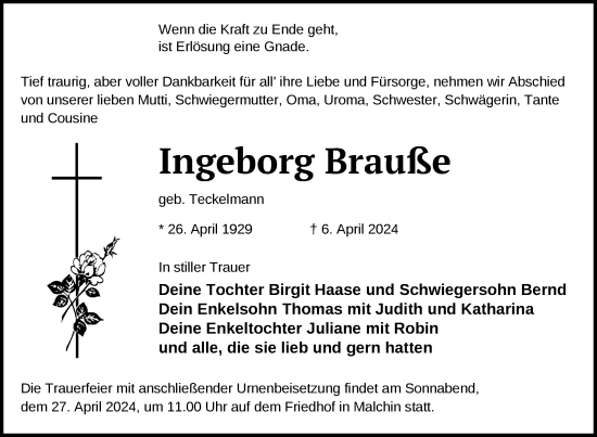 Traueranzeige von Ingeborg Brauße von Nordkurier Mecklenburger Schweiz