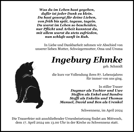 Traueranzeige von Ingeburg Ehmke von Nordkurier Pasewalker Zeitung